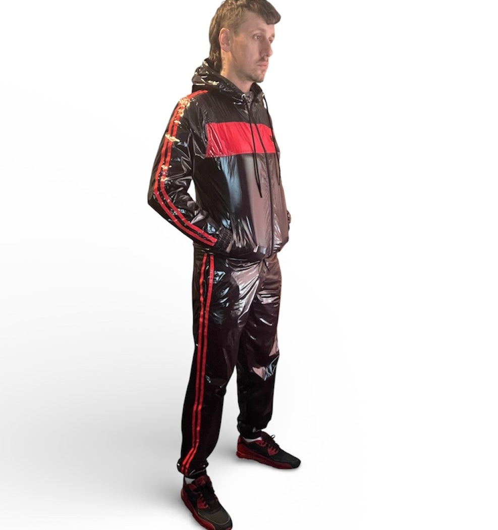 Shiny Nylon Tracksuit Red and Black