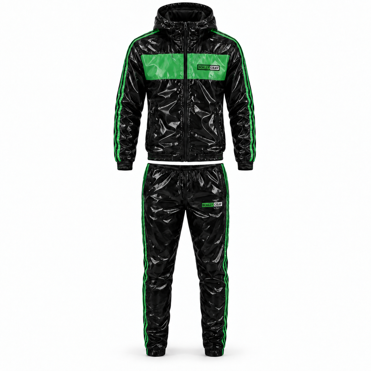 Shiny Nylon Tracksuit Green and Black