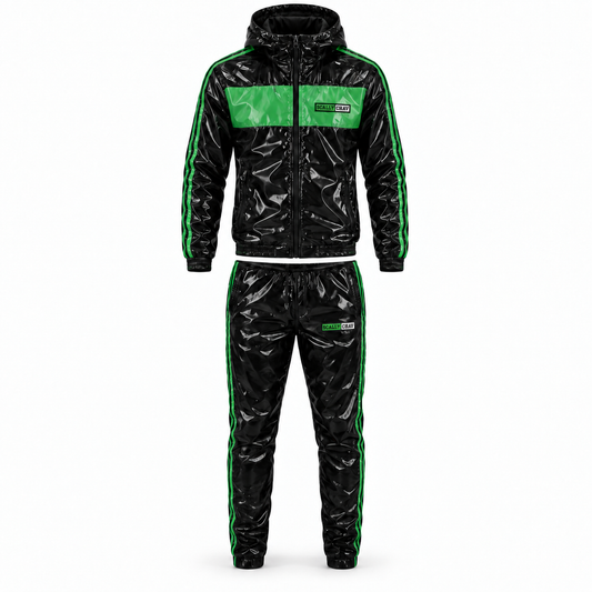 Shiny Nylon Tracksuit Green and Black