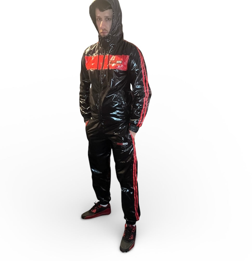 Shiny Nylon Tracksuit Red and Black