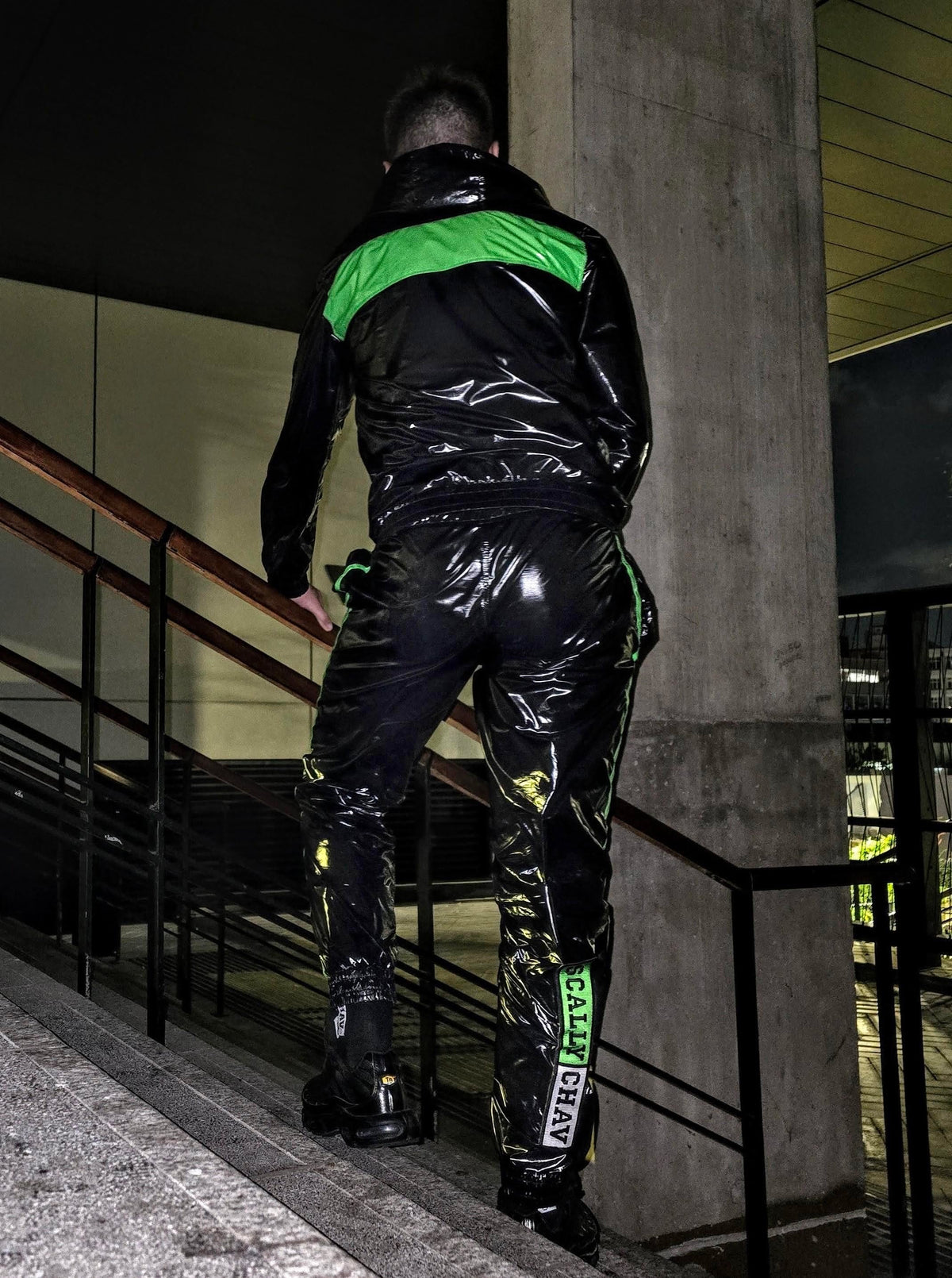 Shiny Nylon Tracksuit Green and Black