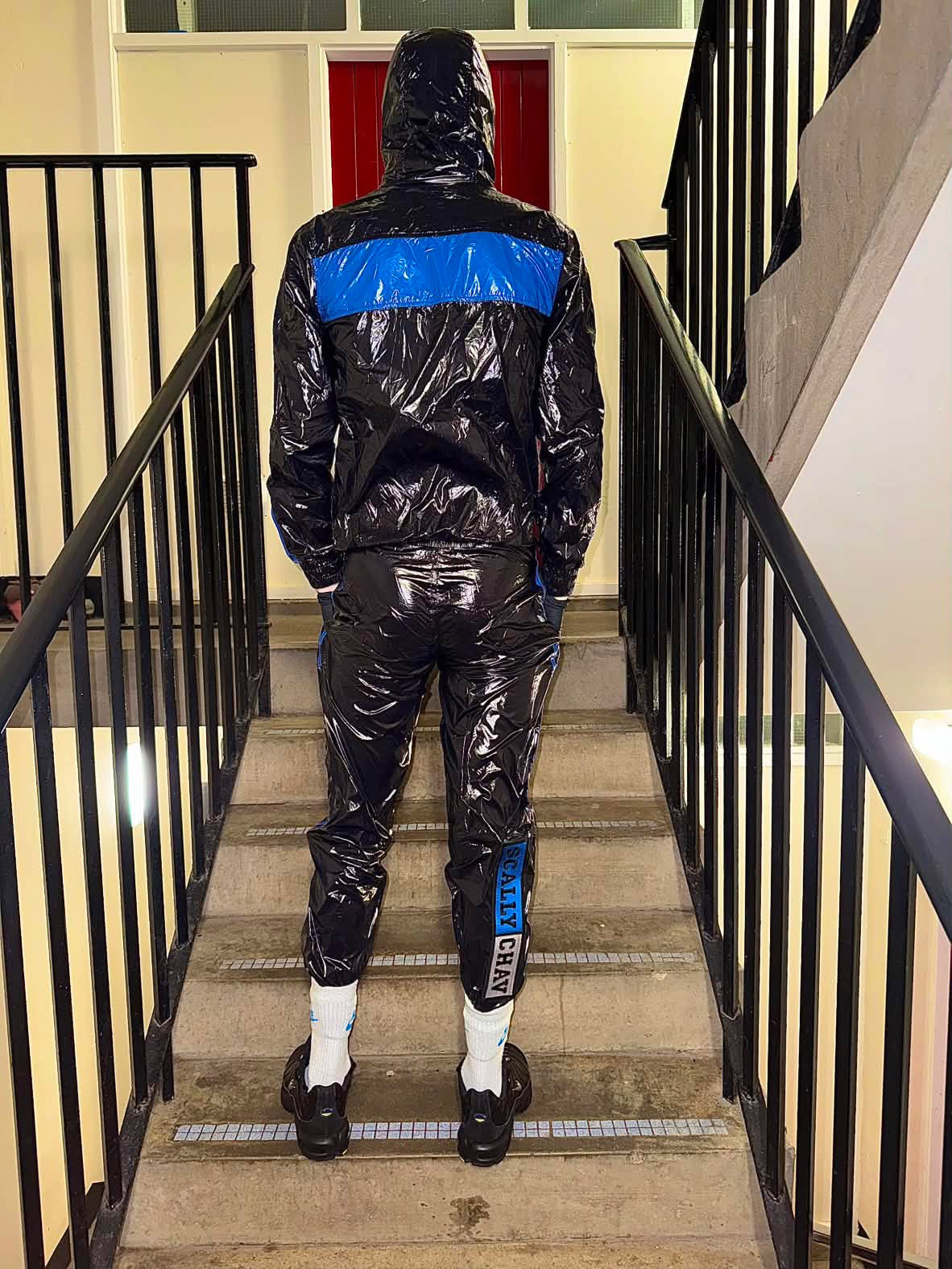 Shiny Nylon Tracksuit Blue and Black