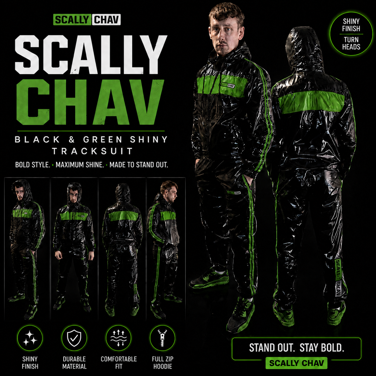 PRE ORDER Shiny Nylon Tracksuit Green and Black