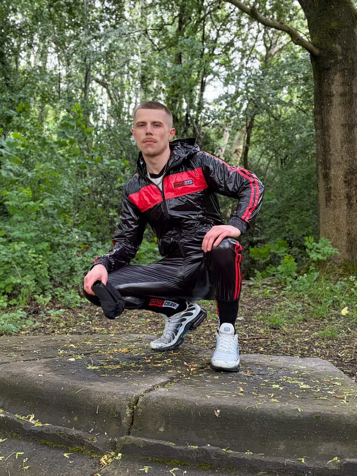 Shiny Nylon Tracksuit Red and Black