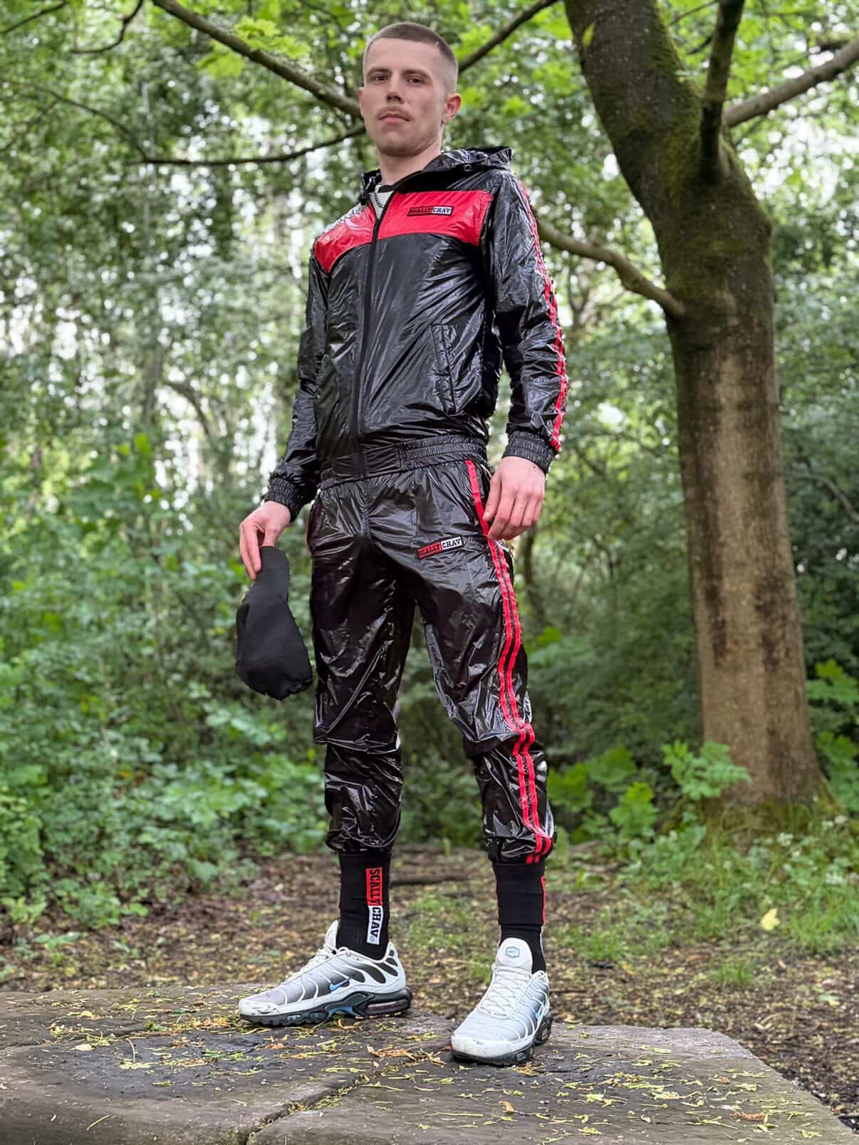 Shiny Nylon Tracksuit Red and Black