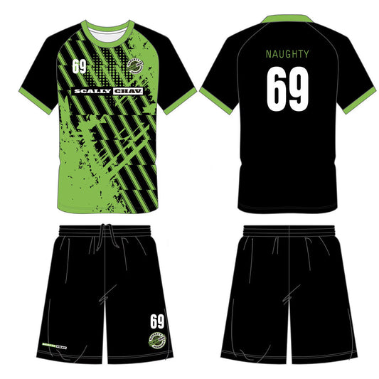 Acid Storm green and black football shirt and matching black shorts, shown front and back